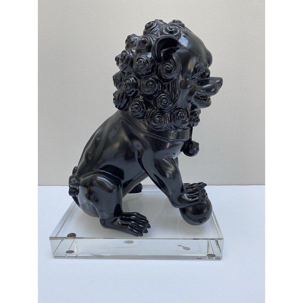 Modern Black Heavy Ceramic Chinese Foo Dog on Large Lucite Base Statue / Bookend - Picture 2 of 10